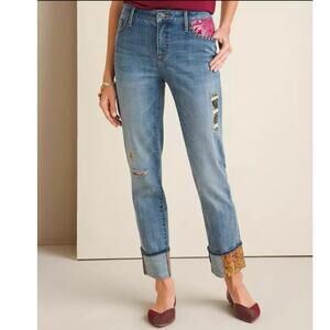 Chico’s jeans size 8 so slimming boho crop patches embroidered studs